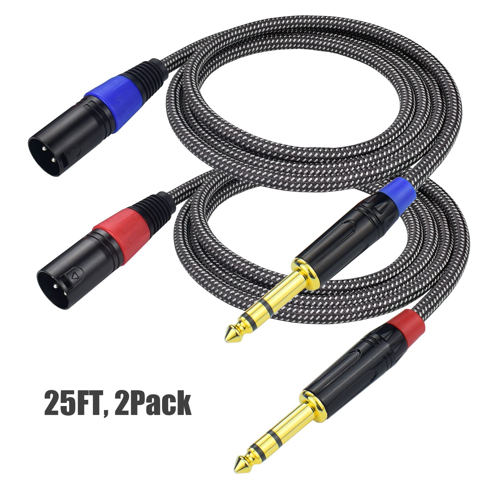 Wyważony kabel krosowy TRS na XLR, wtyczka 1/4 cala, 6,35 mm na 3-biegunową wtyczkę XLR, wytrzymała plecionka nylonowa, pozłacana wtyczka, do miksera, głośnika, monitora studyjnego, 2 sztuki