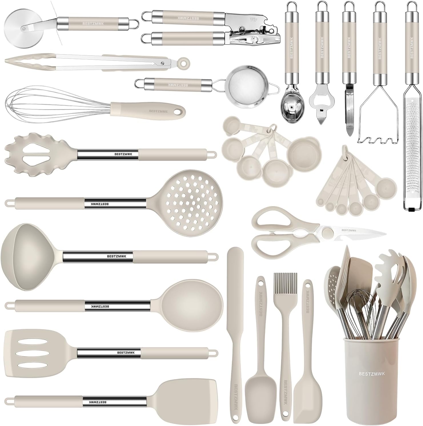 Kitchen Utensils Set-Silicone Cooking Utensils-32pcs Non-Stick Silicone Cooking Kitchen Utensils Spatula Set with Holder-Best Kitchen Cookware with Stainless Steel Handle (Khaki) (EP313)