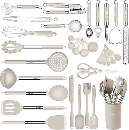 Juego de utensilios de cocina de silicona, 33 piezas de utensilios de cocina de silicona antiadherente, juego de espátula con soporte, los mejores