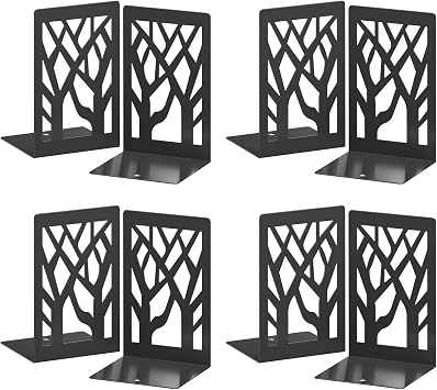 VFINE 8-Piece Metal Bookends for Shelves, Black Tree Book Ends for Books, Decorative Desk Book Organizer, Non-Skid Shelve Bookends for Home Office Shcool Supplies