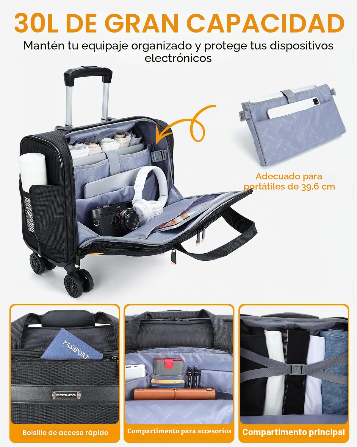 Ponhog Maletín con 4 Ruedas para Ordenador Portatil, Resistente al Agua para Hombres y Mujeres, Negocios, Viajes, Trabajo - 15.6 Pulgadas, Negro