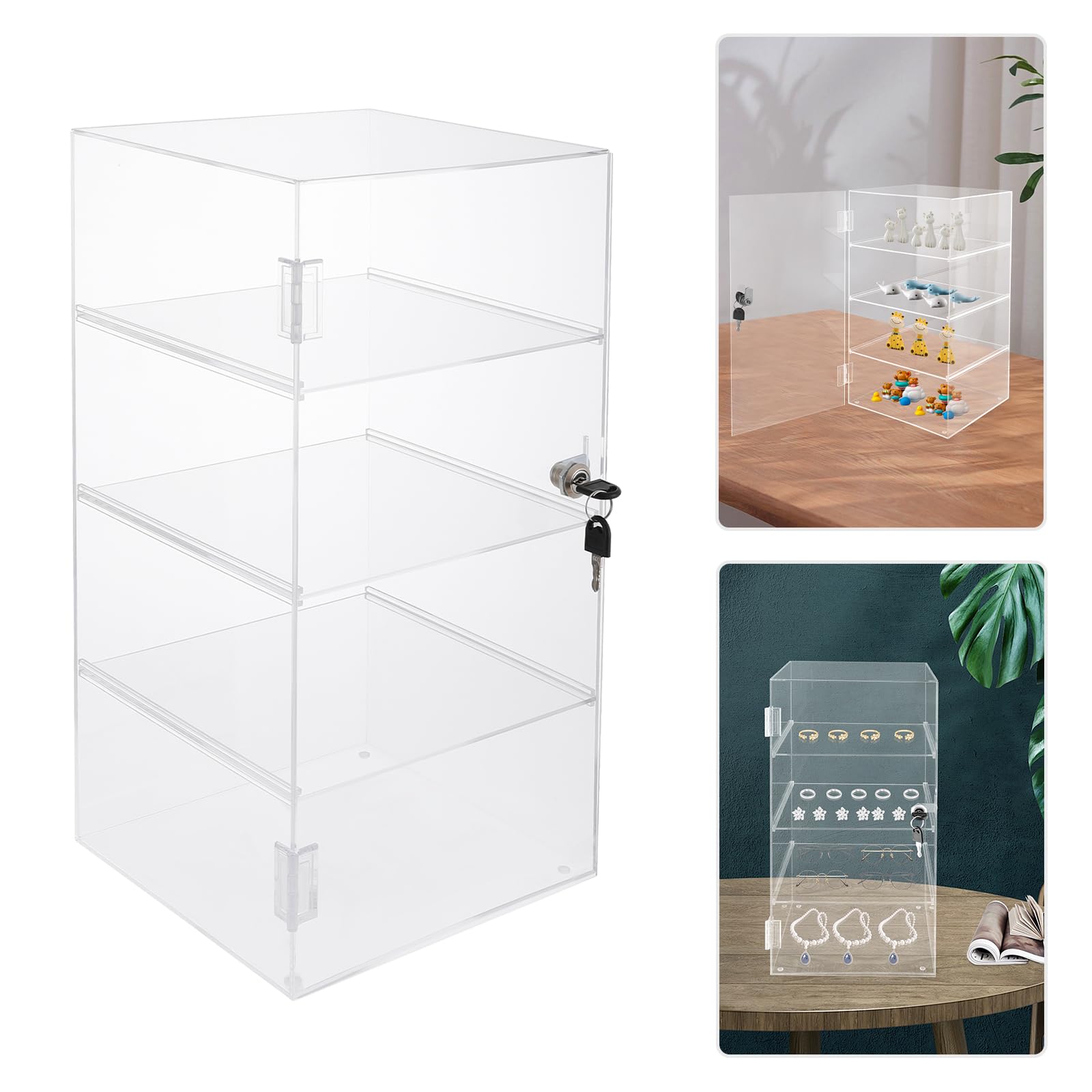 Lockable Acrylic Display Case 4-Tier Clear Acrylic Display Cabinet with Lock Locking Countertop Showcase Display Cabinet with Storage Shelves for Home Office Retail Display, 9.45x9.45x18.9 inch Clear