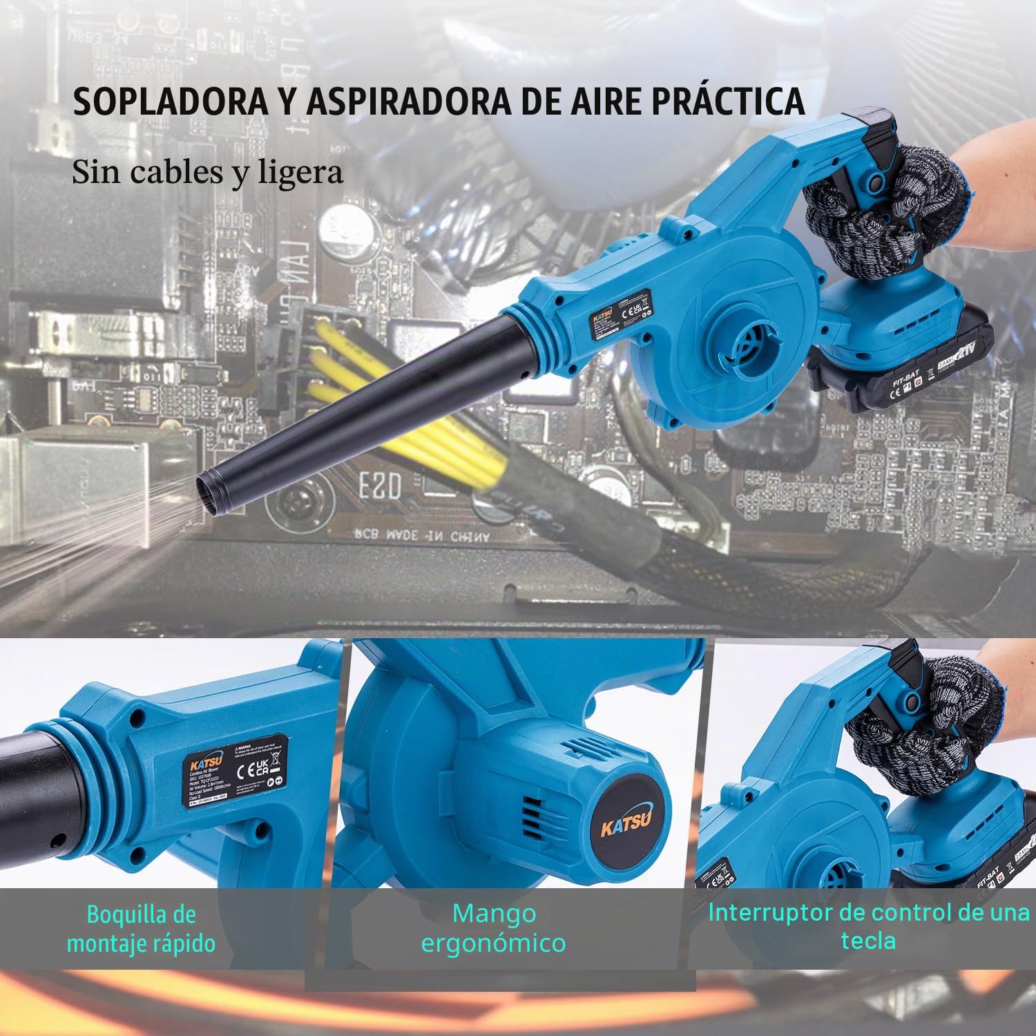 KATSU FIT-BAT 21V Soplador a Batería Brushless con 1.5Ah Batería y Cargador, Soplador de Hojas de Polvo de Aire Inalámbrico sin Escobillas para Jardín Hogar Cuidado Césped