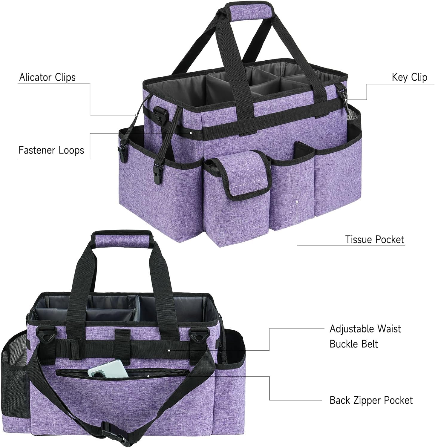 Cleaning Caddy with Handle,Cleaning Organiser,Multifunctional Cleaners Bag with Detachable Thick Dividers,Adjustable Waist Belt,Shoulder Straps for Cleaning Supplies,Home,Car,Garden,Large,Purple - Image 4