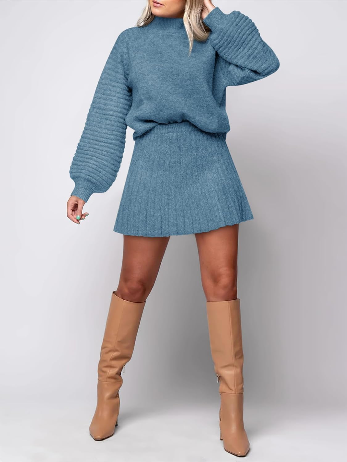 Womens 2 Piece Skirt Sets Fall Fashion 2025 Mock Neck Ribbed Knit Sweaters And Mini Skirt Two Piece Outfits - Image 2