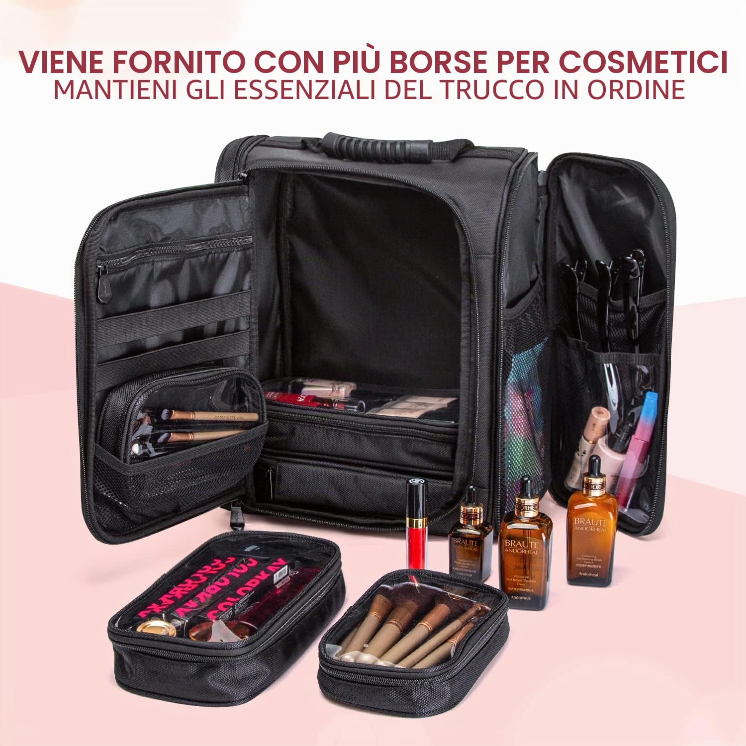 Trucco Borsa Protable Artist Zaino Trucco Custodia da Viaggio Trucco Organizer Bag Trousse da Toilette Borsa Cosmetica con Sacchetti - Nero