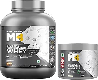 MuscleBlaze Biozyme Performance Whey Protein Powder, Kesar Thandai (2kg / 4.4lbs) & Micronised Creatine Monohydrate CreAMP Powder, Unflavoured (32 Servings, 100g) | Pack of 2