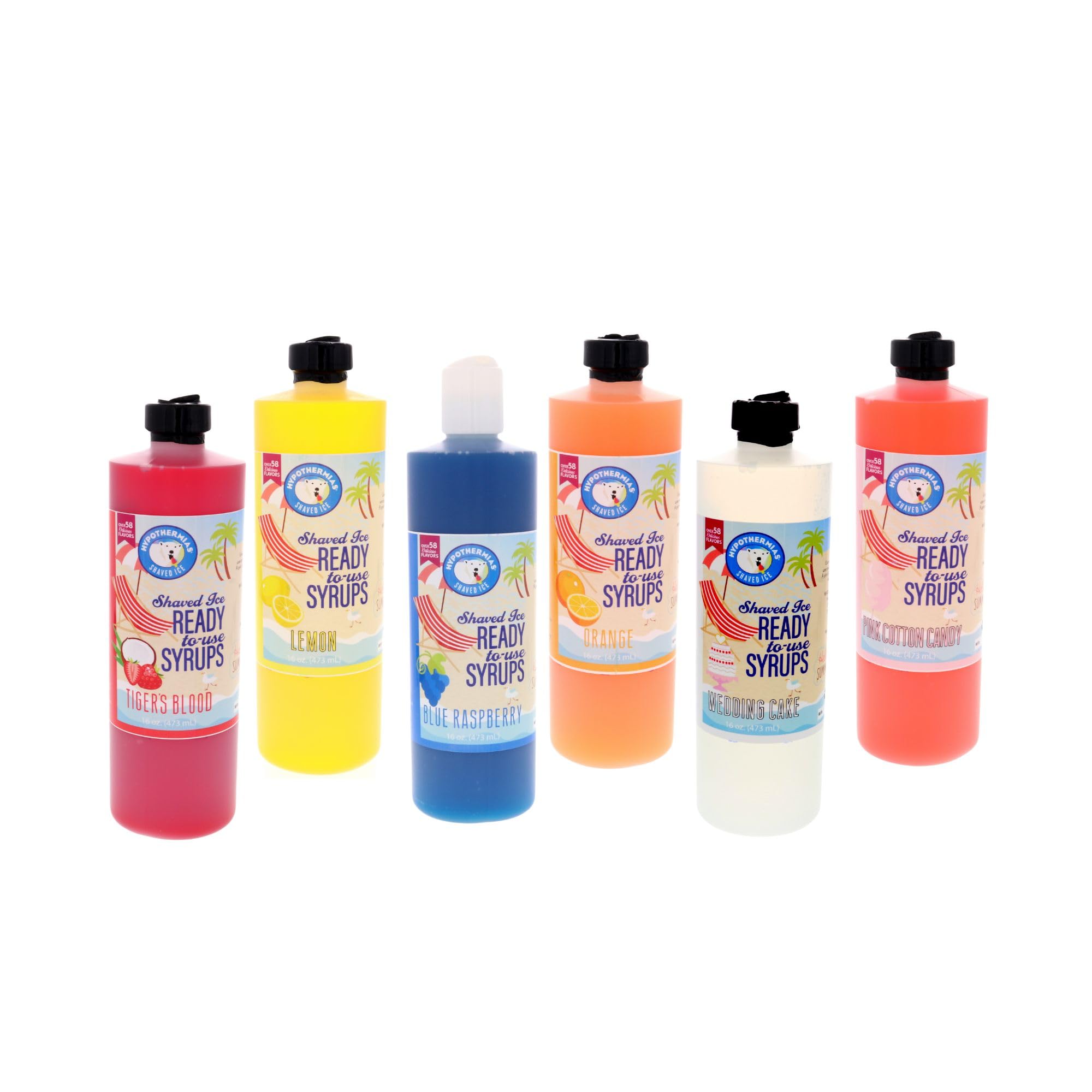 Hypothermias Shaved Ice & Snow Cone Syrup Variety Pack - 6 Pints (16 Fl. Oz.) - Tiger's Blood, Blue Raspberry, Lemon, Orange, Wedding Cake & Pink Cotton Candy - Non-GMO 100% Pure Cane Sugar