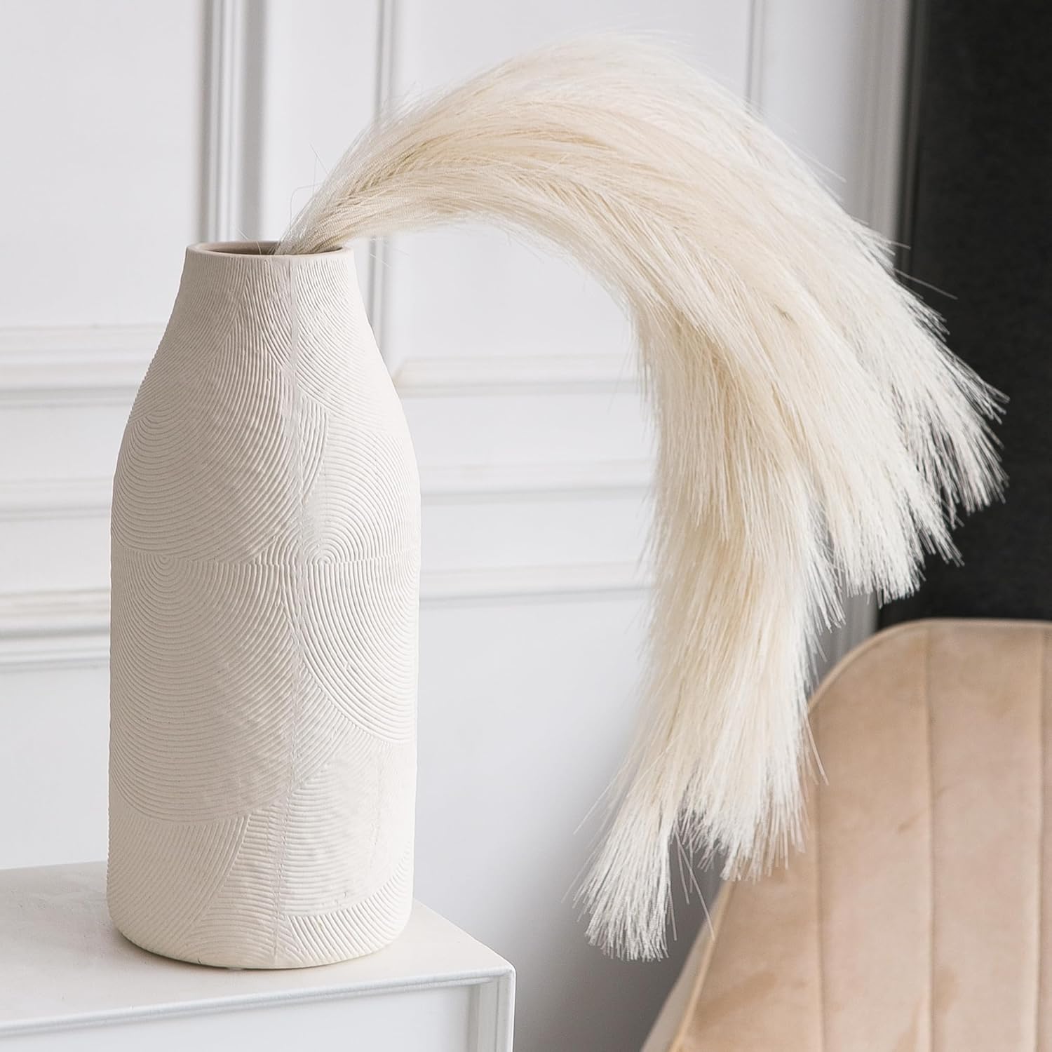 Large Textured Vase, Boho Ceramic Vase for Modern Farmhouse Home Decor, Pottery Vases for Flowers, Pampas Grass, Rustic Decorative Vase, Clay Vase Centerpieces for Dining Table