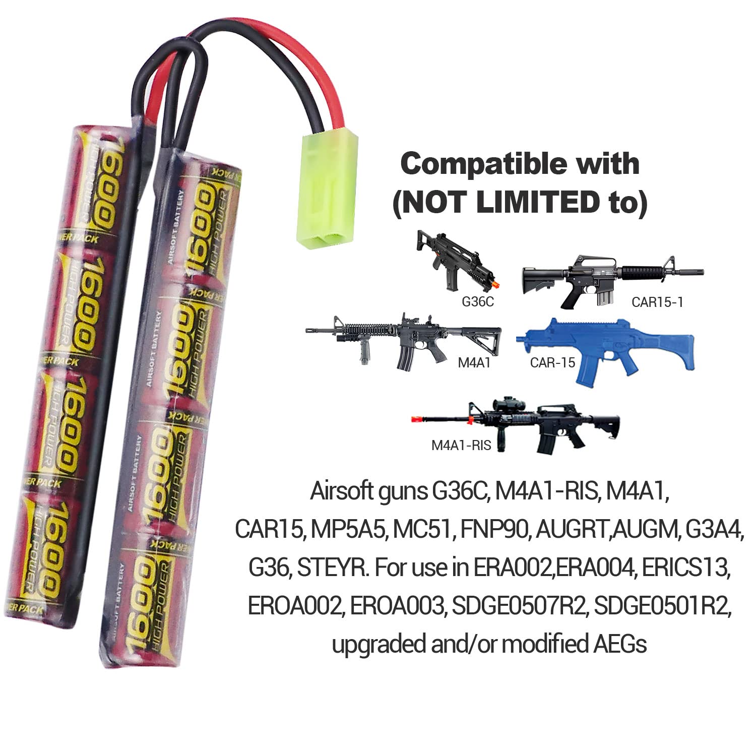 2 pezzi Airsoft Batteria Softair Batteria NiMH Batteria 9.6V 1600mAh per Airsoft AEG, AK47, MP5K, MP5 PDW, RPK, PKM, M4, M110, SR25, M249, M240B, G36, M14 con Connettore Tamiya