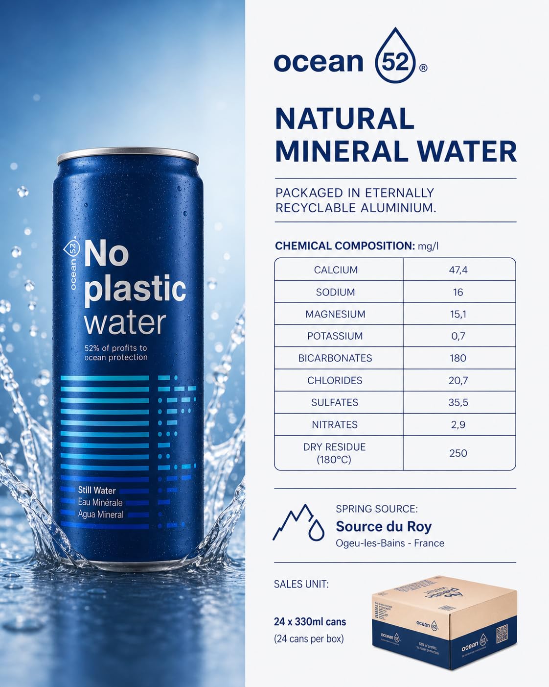 Agua en lata No Plastic Water de Ocean52. Agua Mineral Natural - Pack 24 unidades x 33cl. Agu a en pack de 24 latas de 33cl. Manantial Source du Roy - Ogeu-les-Bains - France.