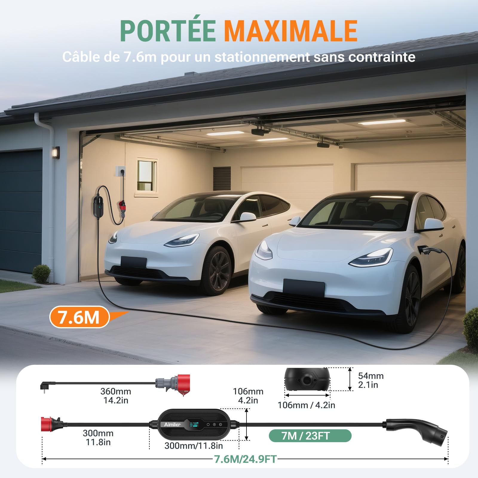 AIMILER Chargeur Voiture Electrique 11kW APP 8-16A 7,6M Borne de Recharge Véhicule Électrique Triphasé Numérique OLED IP66 avec Type 2 Compatible avec Support Mural avec Model 3/Y, EX30, et PHEVs