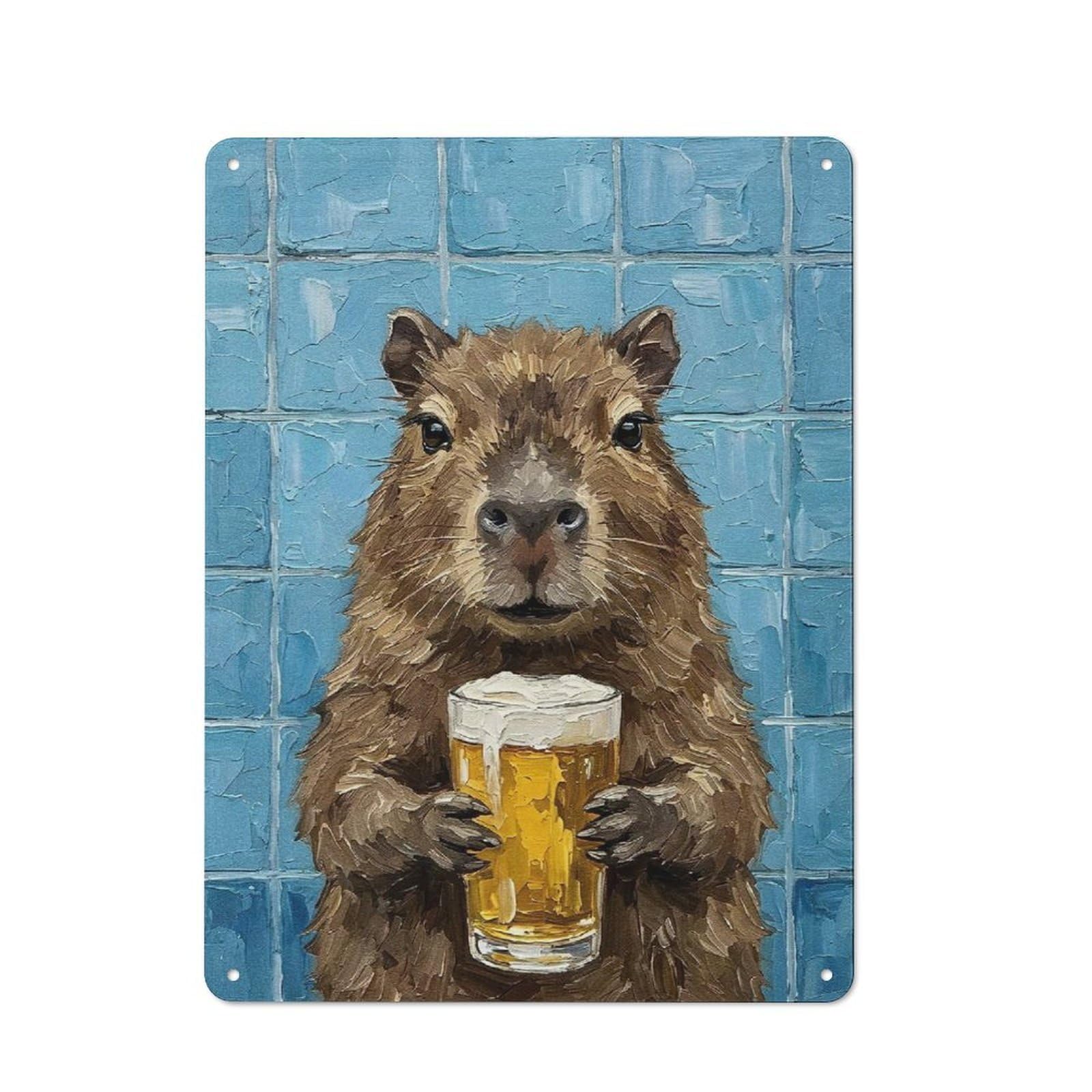 Capybara with Beer Painting Clean Industrial Metal Wall Decor 40x30cm, Decorative Metal Plaque for Workspace, Cafe, Hallway Or Garage