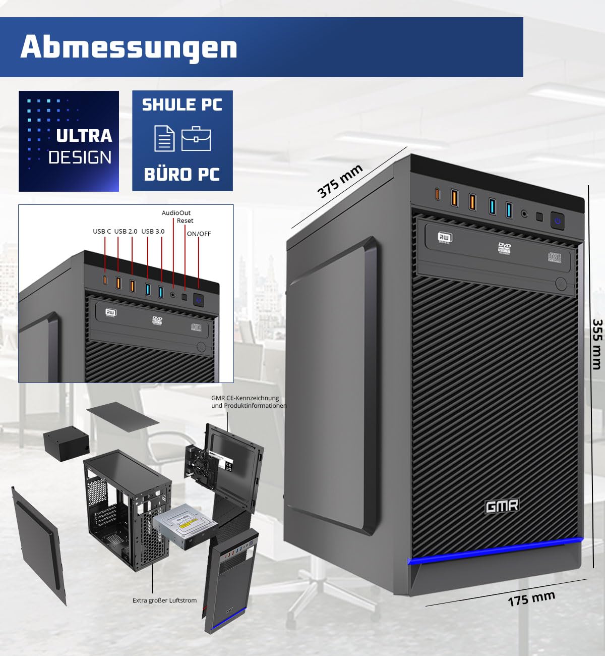 GMR Ultra i7 Office PC - Business Office Computer | 3 Jahre Garantie | 16 GB RAM | 1000GB SSD M.2 | DVD±RW | USB 3 | Windows 11 Pro | WiFi-Bluetooth