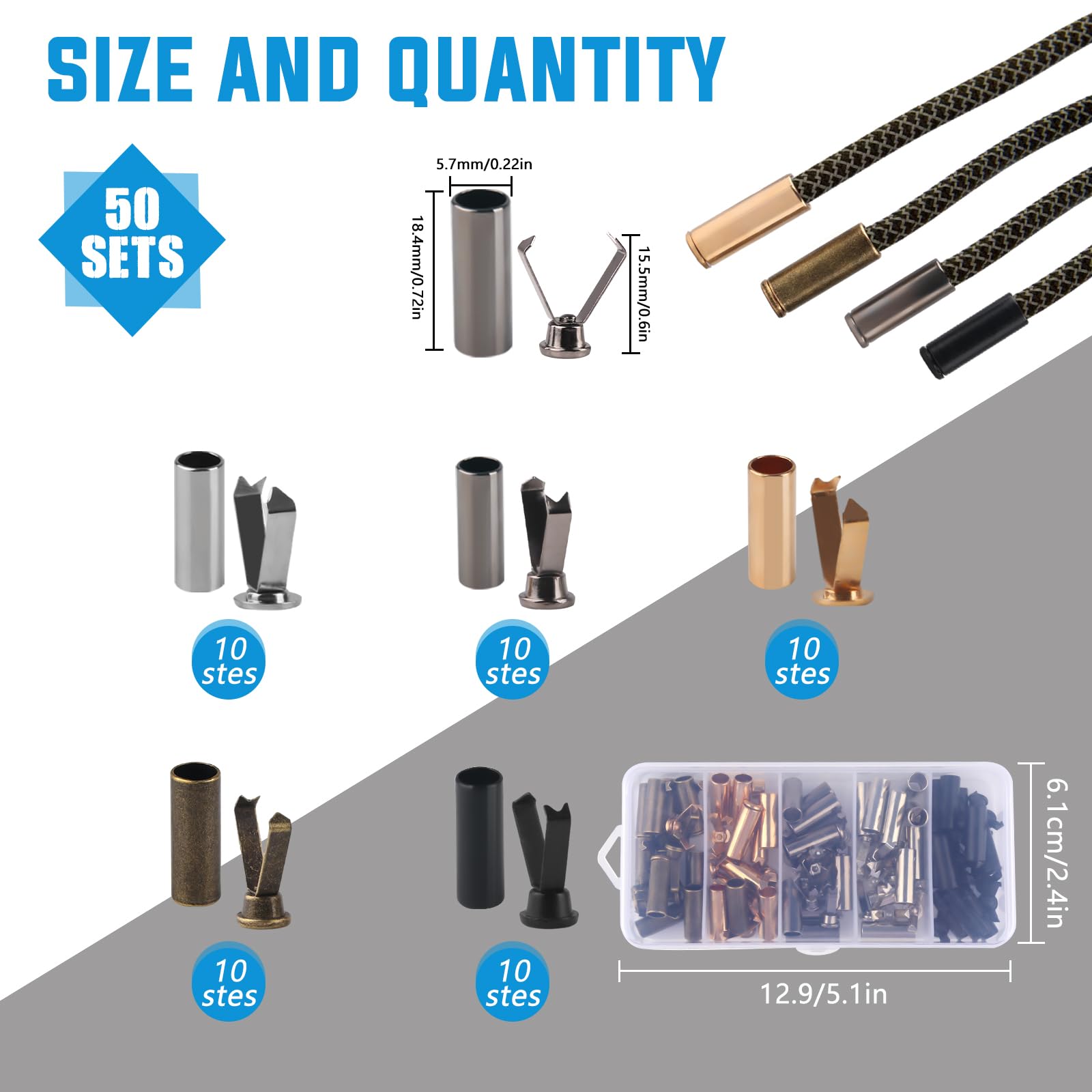 100 Stück Kordelstopper Metall - 5 Farben Kordelenden Für Hoodie & Hosen