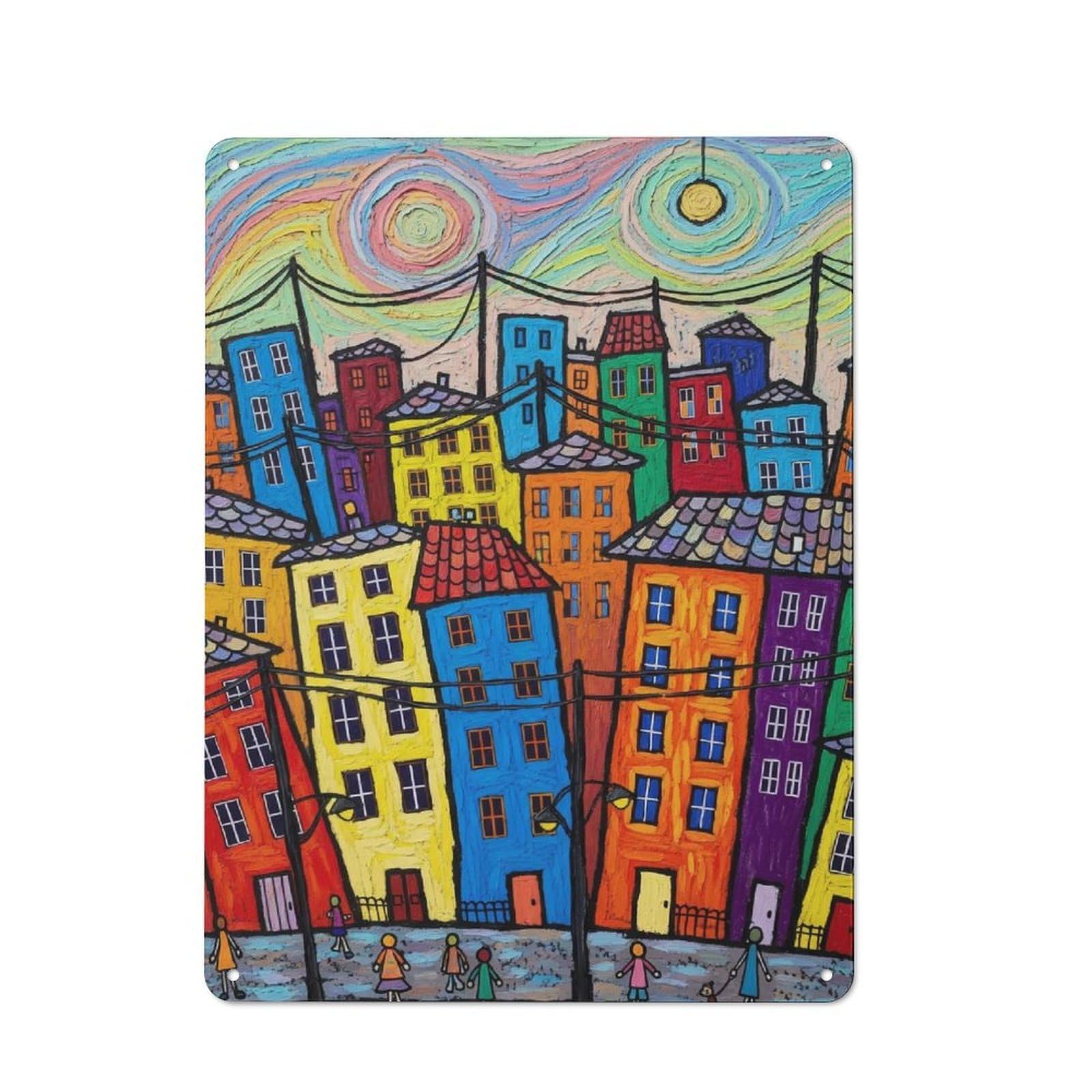 Junmoney Colorful Whimsical Cityscape Painting Shop Front Style Metal Wall Decor 40X30cm, Cafe Metal Sign For Takeaway, Bar, Kitchen Or Counter Area