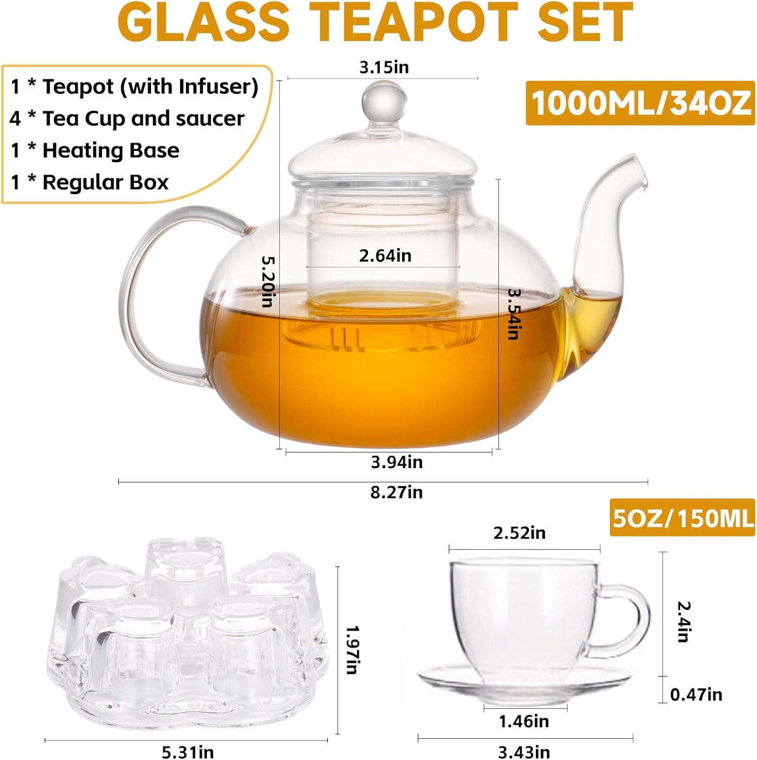 Glass Teapot Set, 34OZ/1000ML Glass Tea Kettle with Loose Tea Infuser & Warmer, 5oz/150ML Tea Cup & Saucer Set of 4, Stovetop & Microwave Safe Tea Maker, Blooming Tea Gift Set For Women - Image 5