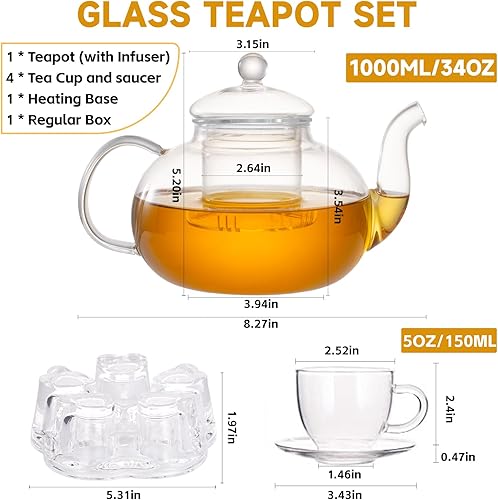 Miniatura 5 de Glass Teapot Set, 34OZ/1000ML Glass Tea Kettle with Loose Tea Infuser & Warmer, 5oz/150ML Tea Cup & Saucer Set of 4, Stovetop & Microwave Safe Tea