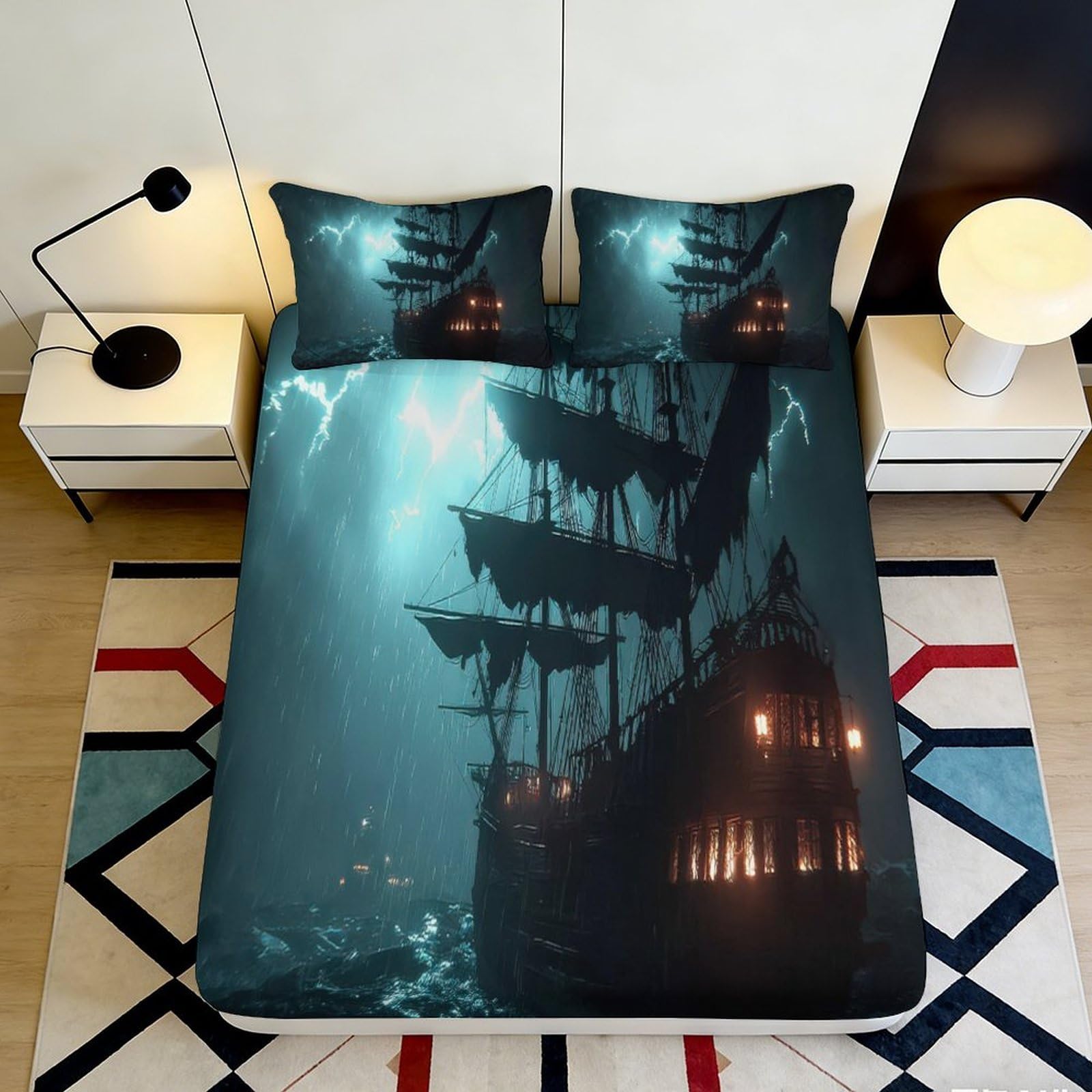 3D Printed Pirate Ship Storm Fitted Sheet Microfiber Bed Cover Night Ocean Mattress Cover for Bedroom Dorm Decor 120x200cm 180x200x25cm