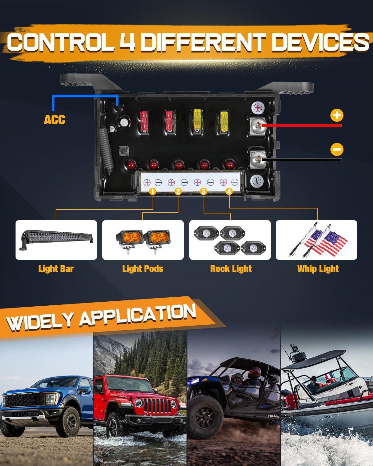 Bezprzewodowy 4-biegowy panel przełączający, wielofunkcyjny przełącznik offroadowy LED, pods z pulsem uchylnym, pomocniczy system przekaźników, skrzynka sterująca do 12 V, ciężarówek, SUV