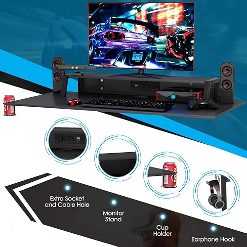 Miniatura 7 de Tangkula Juego de escritorio y silla para juegos juego ergonómico de escritorio y silla de carreras con soporte para tazas soporte para monitor