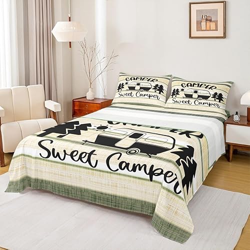 Miniatura 2 de Feelyou Juego de sábanas para cámper para niños y niñas, con sábana bajera ajustable de bolsillo profundo, juego de sábanas de camping feliz,