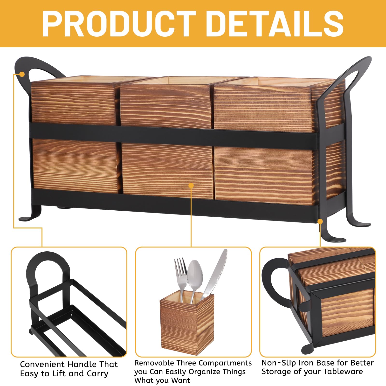 lalago 3-tlg. Besteckkasten Holz Metall, Besteckhalter Holz für Tisch, Holzbesteck Metallgestell, Besteckkorb Löffelhalter, Besteck Tisch Organizer, Besteckständer Esstischdeko für Küchentisch Braun