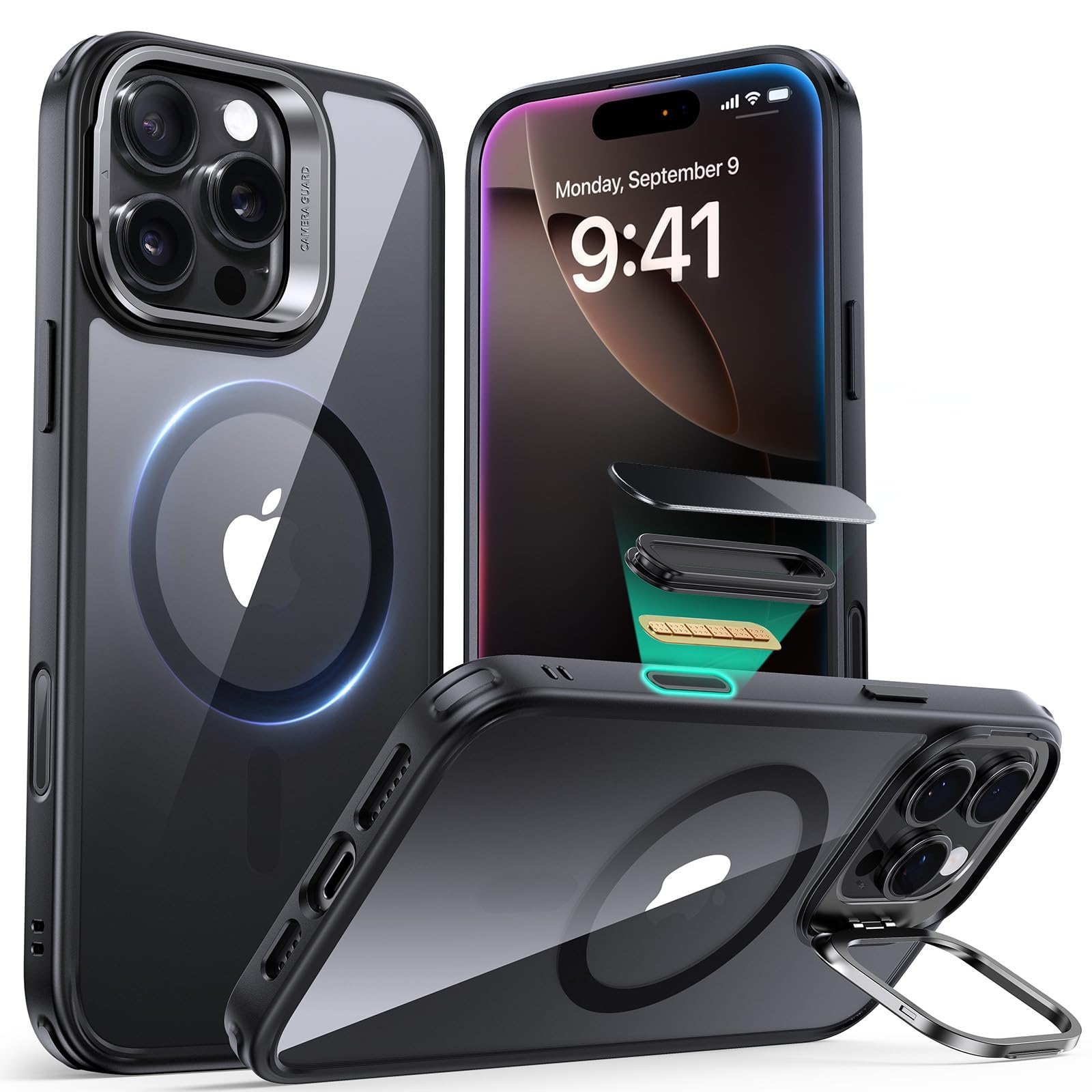 ESR für iPhone 16 Pro Max Hülle Kompatibel mit MagSafe [Robust Ständer] Zertifizierte Militärschutz Handyhülle iPhone 16 Pro Max Versteck Ständer Case, Stoßfest Kratzfest Schutzhülle, Schwarz