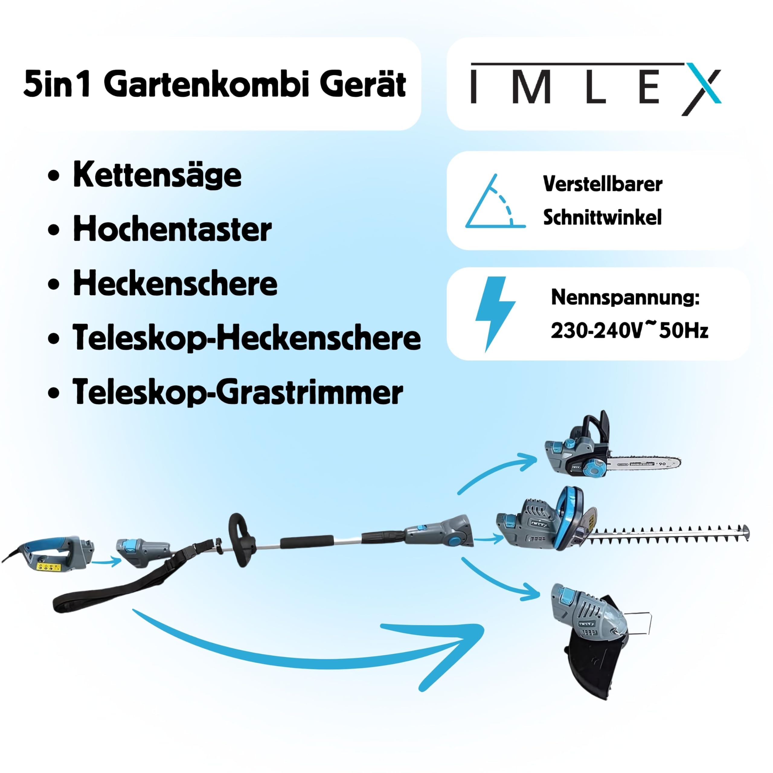 IMLEX Multi-Kombi-Garten-Set 5in1 Heckenschere Rasentrimmer Kettensäge mit Teleskopstab und Verstellbarer Schnittwinkel