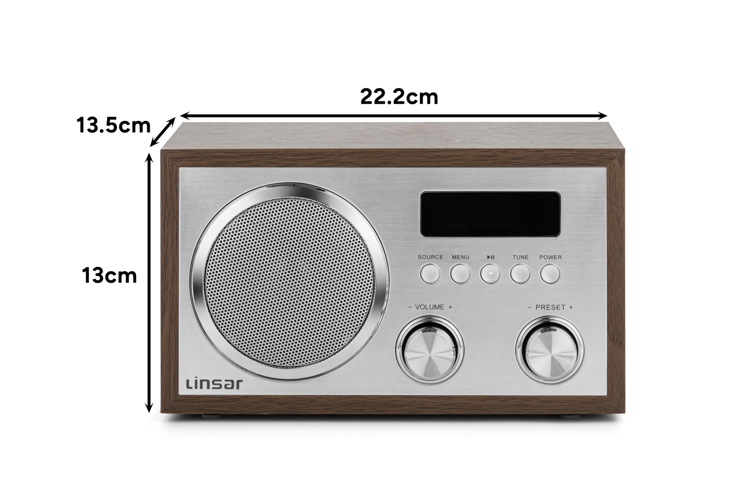 Linsar Radio nostalgica in legno con sintonizzazione digitale FM/DAB, porta USB, BT wireless, altoparlante mono, AUX-IN, cuffie, display LCD
