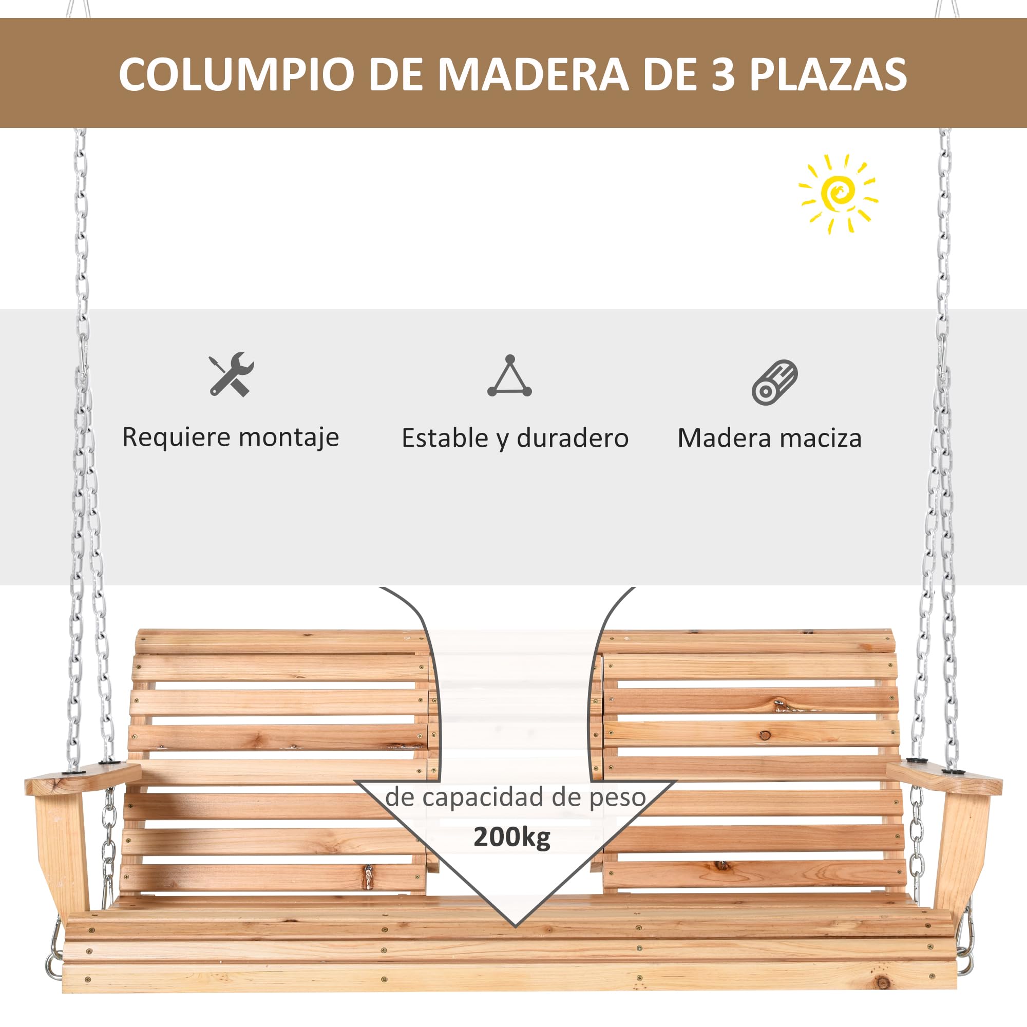 Outsunny Banco Columpio de 2-3 Plazas Banco Colgante de Madera con Mesa de Centro Plegable 2 Portavasos y Reposabrazos Carga 200 kg para Jardín Terraza Balcón 150x75x53 cm Natural