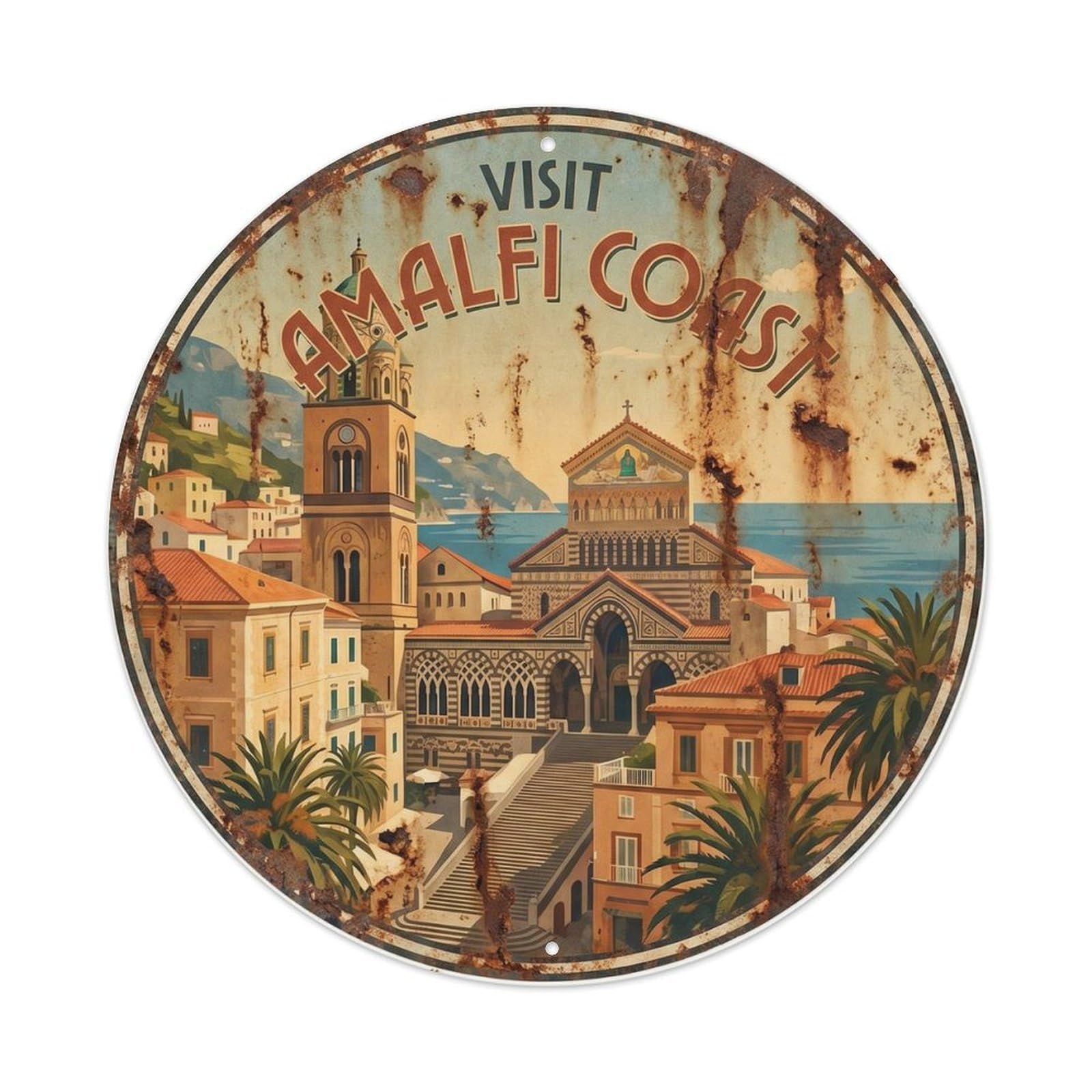 Coastal Amalfi Cathedral Historic Landmark Travel Riviera Metal Tin Sign Plaque Wall Decor for Cafe, Man Cave, Club Bar, Office, Home Garden Round Metal Poster 8x8Inch