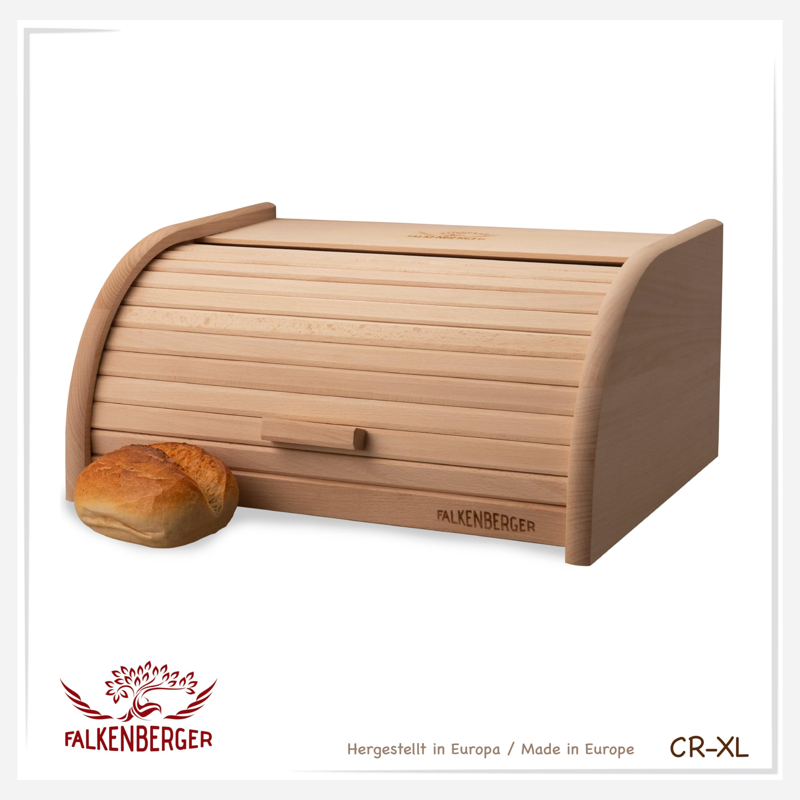 Contenitore per il pane in legno di faggio, ca. 39 x 28 x 18 cm, XL, con coperchio arrotolabile, realizzato a mano