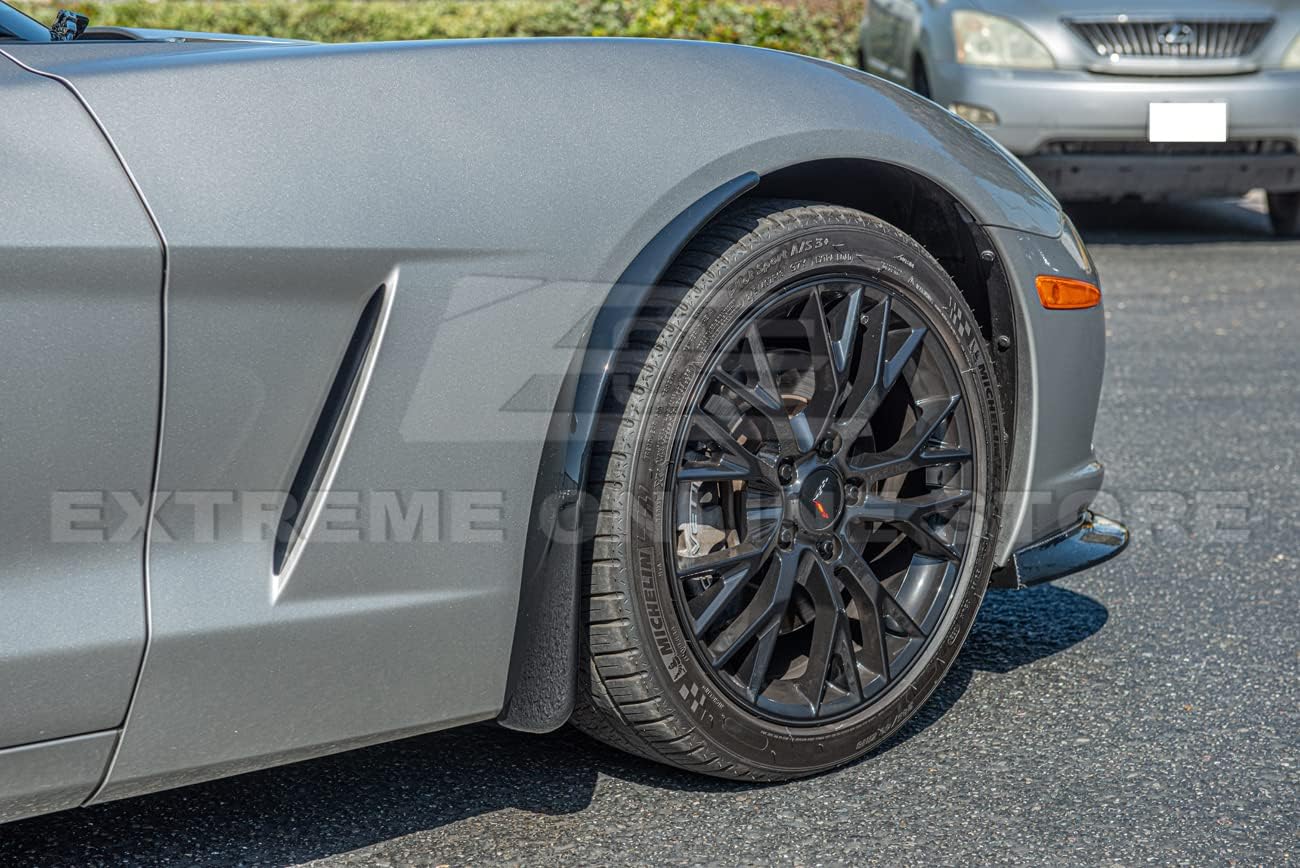 Replacement for 2005-2013 Chevrolet Corvette C6 Base Models | GM Factory XL Extended Style Carbon Fiber Front Wheel Side Splash Guards Mud Flap Pair (ABS Plastic - Painted Glossy Black)