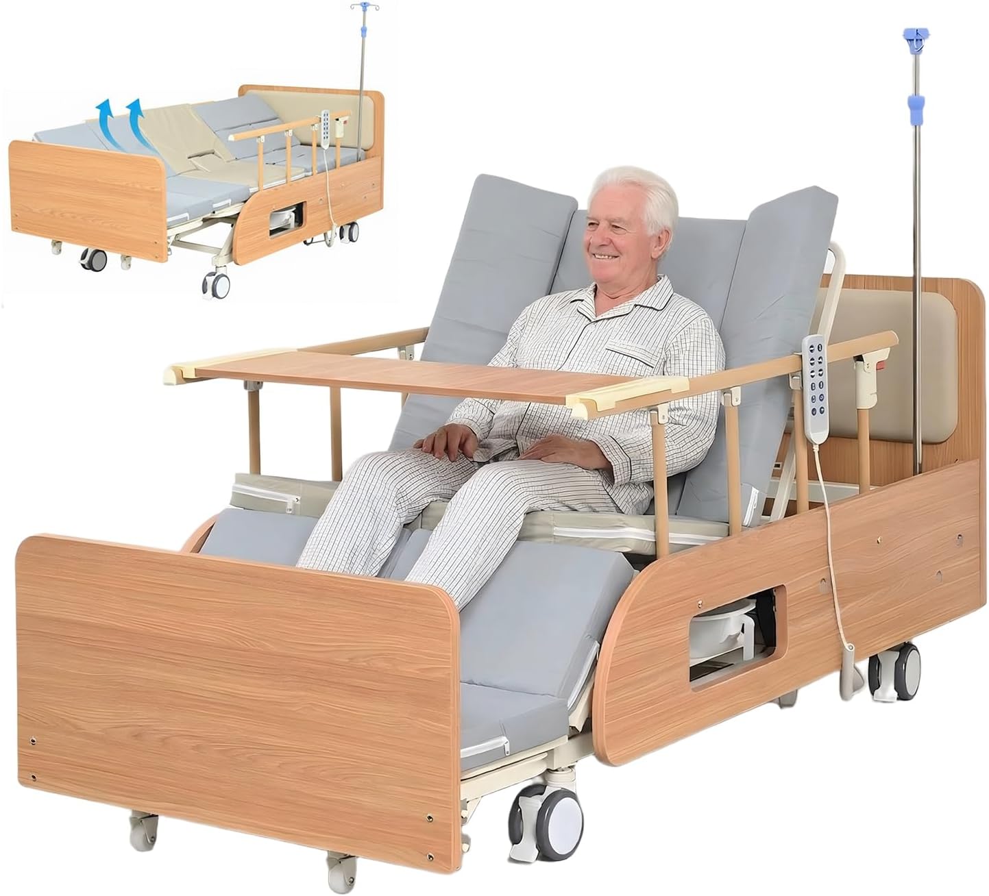 Full Electric Adjustable Hospital Medical Nursing Bed for Seniors Elderly Home Care Use with Remote Control/Built in Toilet/Beds Mattress/Tray Table/IV Pole All Accessories (Whole Bed Lift 18" - 27" )