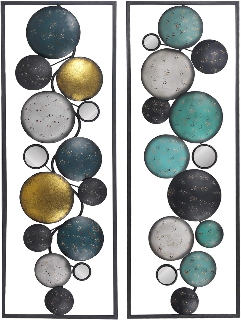 Adeco35.2" Modern Wall Sculpture, Abstract Floating Patterned Shapes Rectangle Frame Metal Wall Decoration, Set of 2