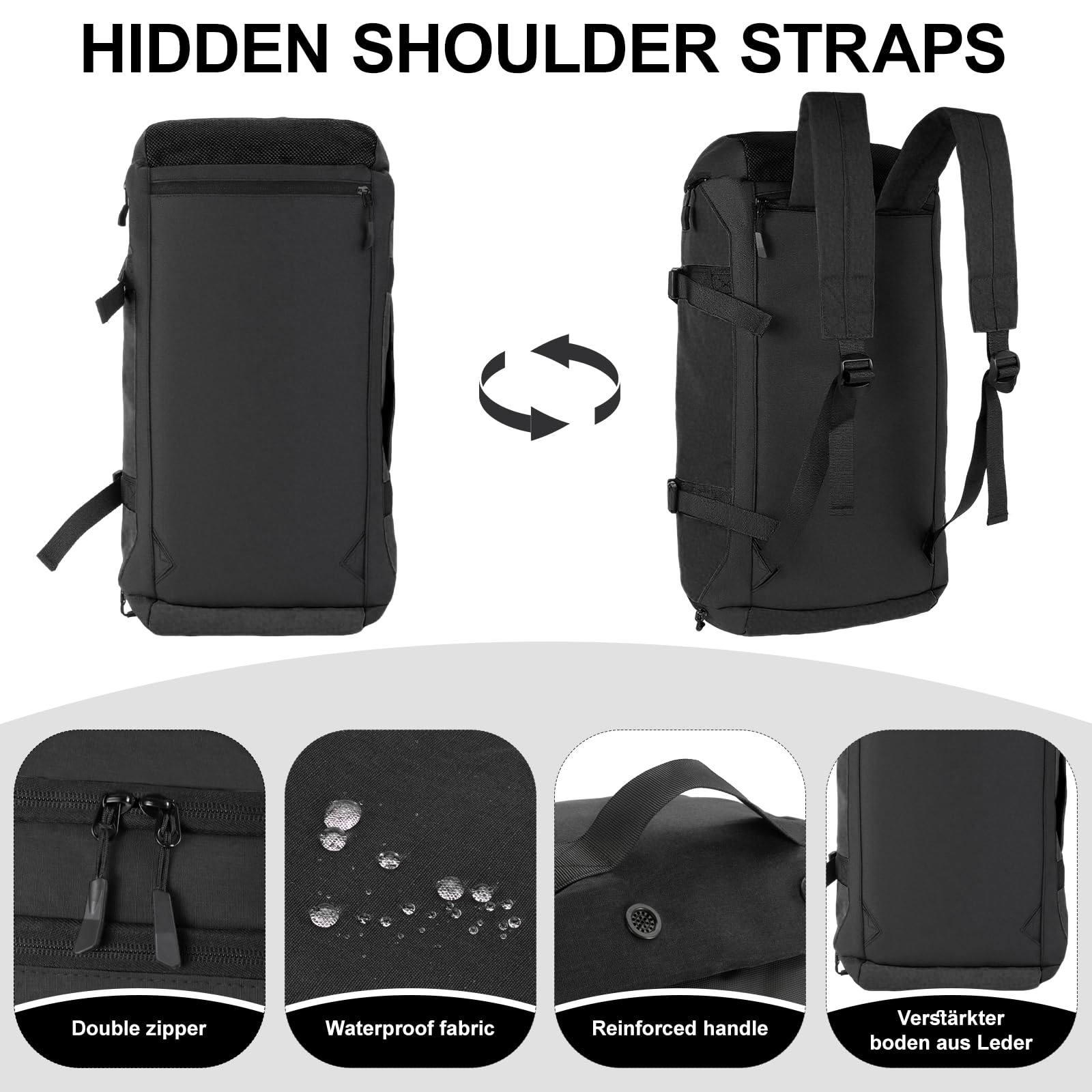 Sac de Sport Homme Femme, Sac de Voyage Homme 36L avec Compartiment Chaussures, Compartiment pour Articles Humides et Isolation Thermique, Sacs a Dos Voyage pour Gym, Camping (Noir)