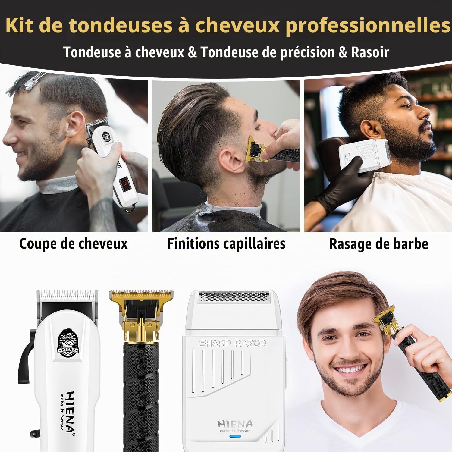 HIENA PRO Tondeuse à cheveux pour homme, kit de barbier sans fil 3 en 1