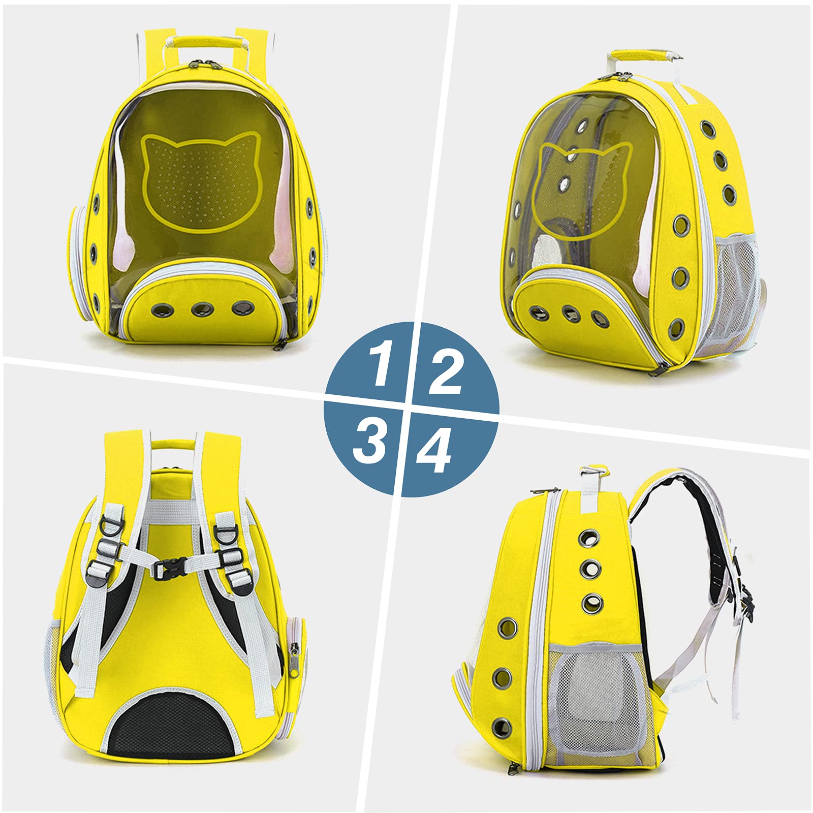 PETCUTE Zaino a Capsula Spaziale per Animali Domestici, Trasparente Zaino per Gatti e Cani con Cinturino di Sicurezza Interno,Tappetino Rimovibile,per Viaggi, Escursioni,Passeggiate,Giallo