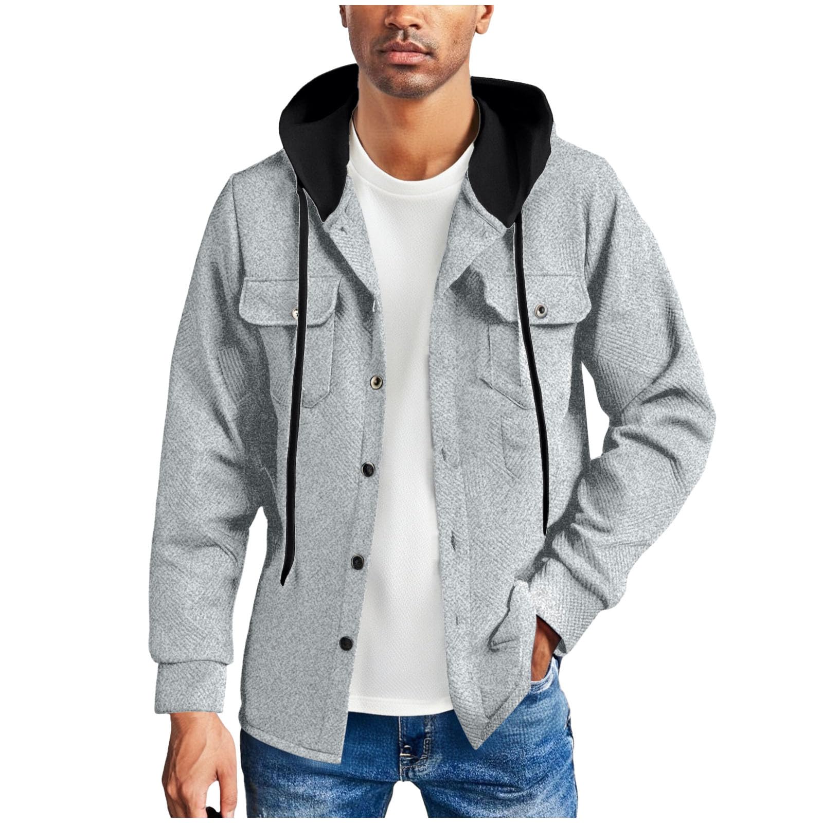 Mens Snap Button Down Jackets Long Sleeve Lightweight Hooded Coats Fall Casual Outwear with Flap Pockets