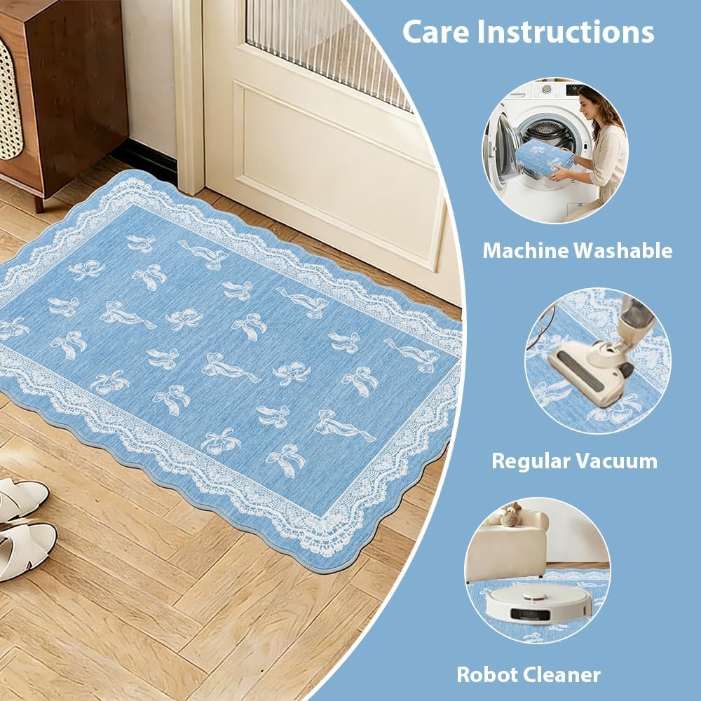 ORTIGIA Washable Scalloped Entry Rug 2x3, Non-Slip Low Pile Blue Bathroom Mat, Lace Bow Cherry Door Mat for Entryway Dorm Nursery Hallway Indoor