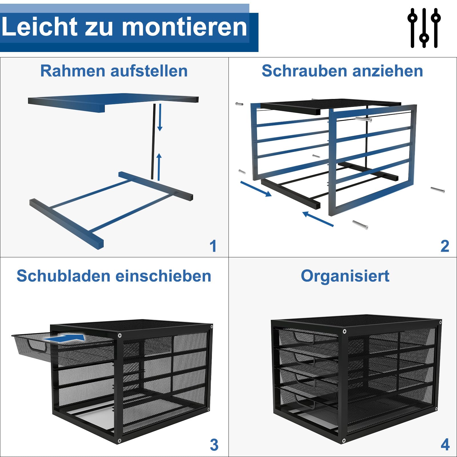 PUNCIA A4 Schubladenbox 4 Schubfächer Dokumentenablage Metall Briefablage | Ablagefächer mit Schubladen Schreibtisch Organizer Ablagesystem Papiersortierer für Dokumenten Papier Büro Schule Schwarz