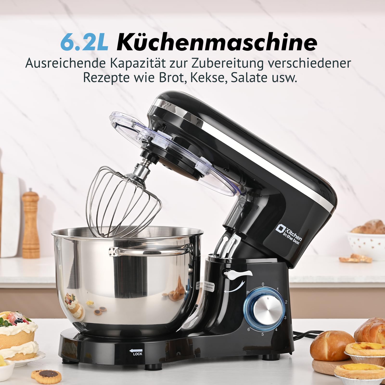 Kitchen in the box Küchenmaschine, 6,2 L Knetmaschine 1400 W, 6 Geschwindigkeits Teigmaschine mit Rührhaken, Knethaken, Schneebesen, Schwarz