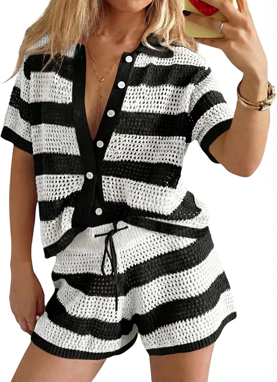 Tankaneo Womens Crochet Swimsuit Coverup Summer 2 Piece Short Sets Striped Knit Short Sleeve Button Shirts Beach Outfits