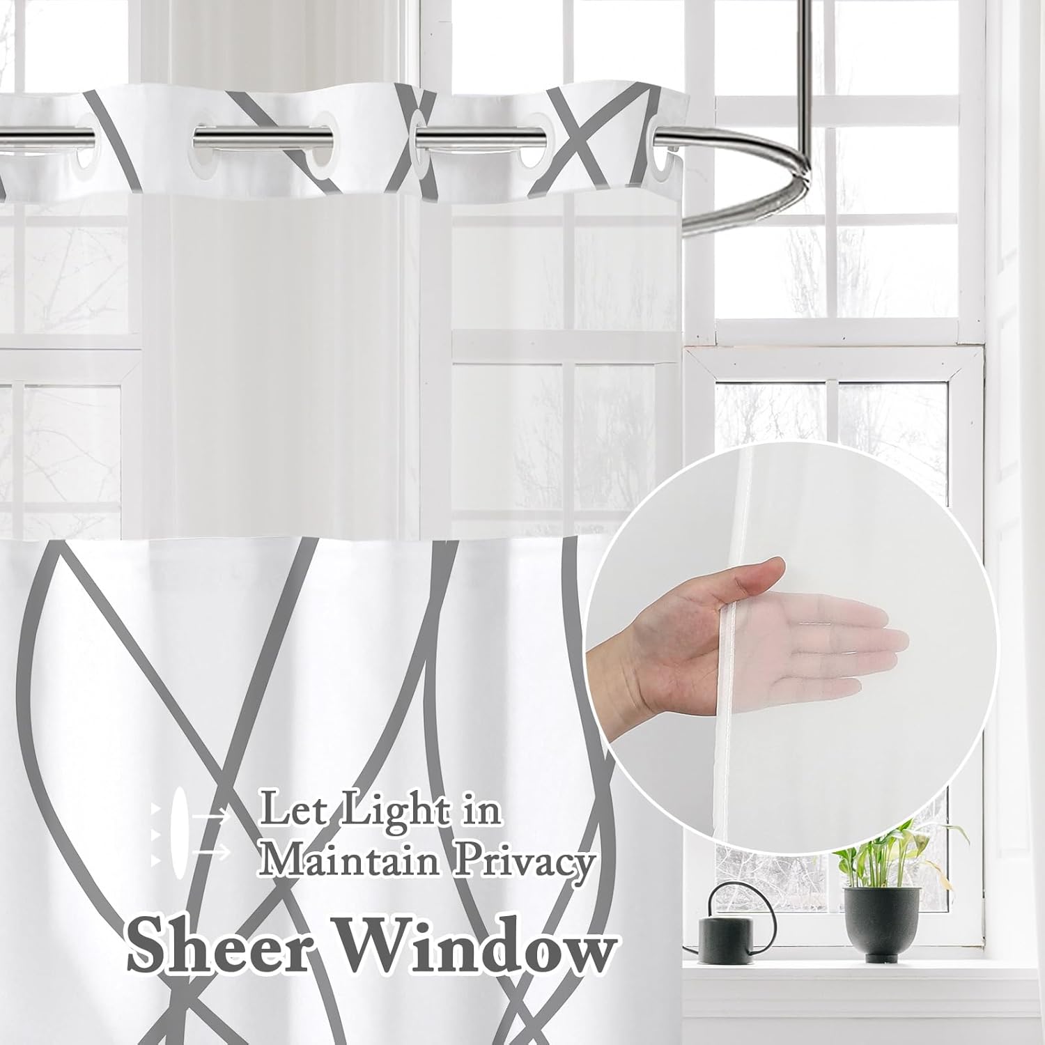 Gibelle No Hook Shower Curtain with Snap-in Fabric Liner Set for Bathroom, Hotel Style Modern Striped Shower Curtain with See Through Top Window, Waterproof & Washable, 71x74, White/Grey