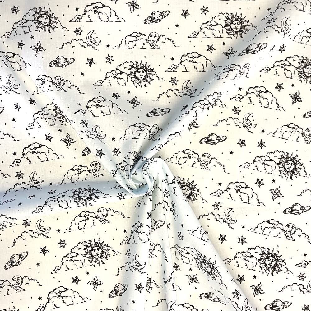 Polycotton Fabric Astrology Moon Sun Clouds Stars Sky Space (Per Metre) (White)