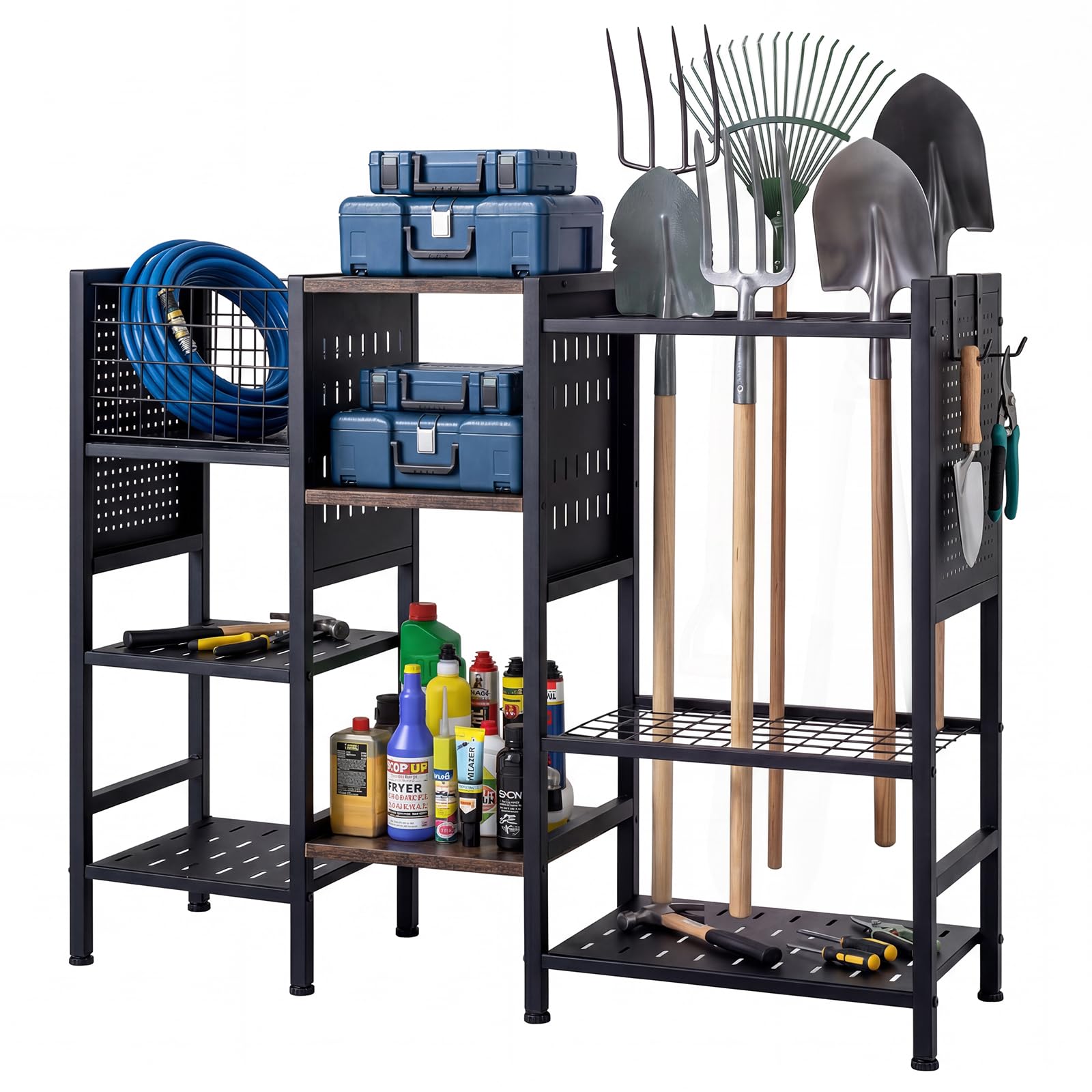 COSTWAY Garden Tool Storage Rack, 3 Tier Metal Yard Tool Organizer with Wooden Shelves, 2 Side Pegboards, 2 Hooks, Tool Storage Holds up to 66 Long Handled Shovels, Rakes & Brooms for Garage, Shed