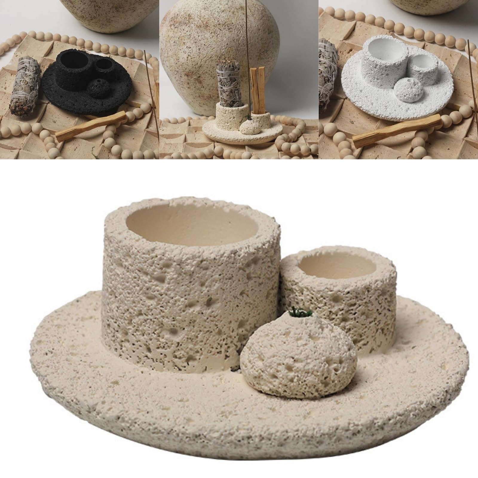 Boxonly Cream Cement Incense Burner - Handmade Palo Santo Sticks Holder, Sage Burner for Ash Catcher Tray, Perfect for Yoga and Home Decor