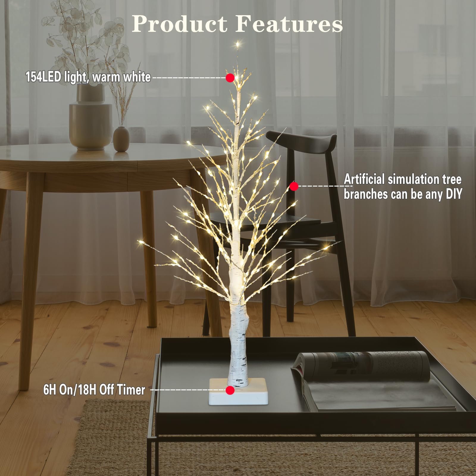 Vonezay Tabletop Lighted Birch Tree for Christmas Decor,1.96FT Simulation Tree Lamp Indoor,Battery Operated&USB Power,Lighted Birch Bonsai Tree Lights Festival Wedding Tabletop Decorations,Timer