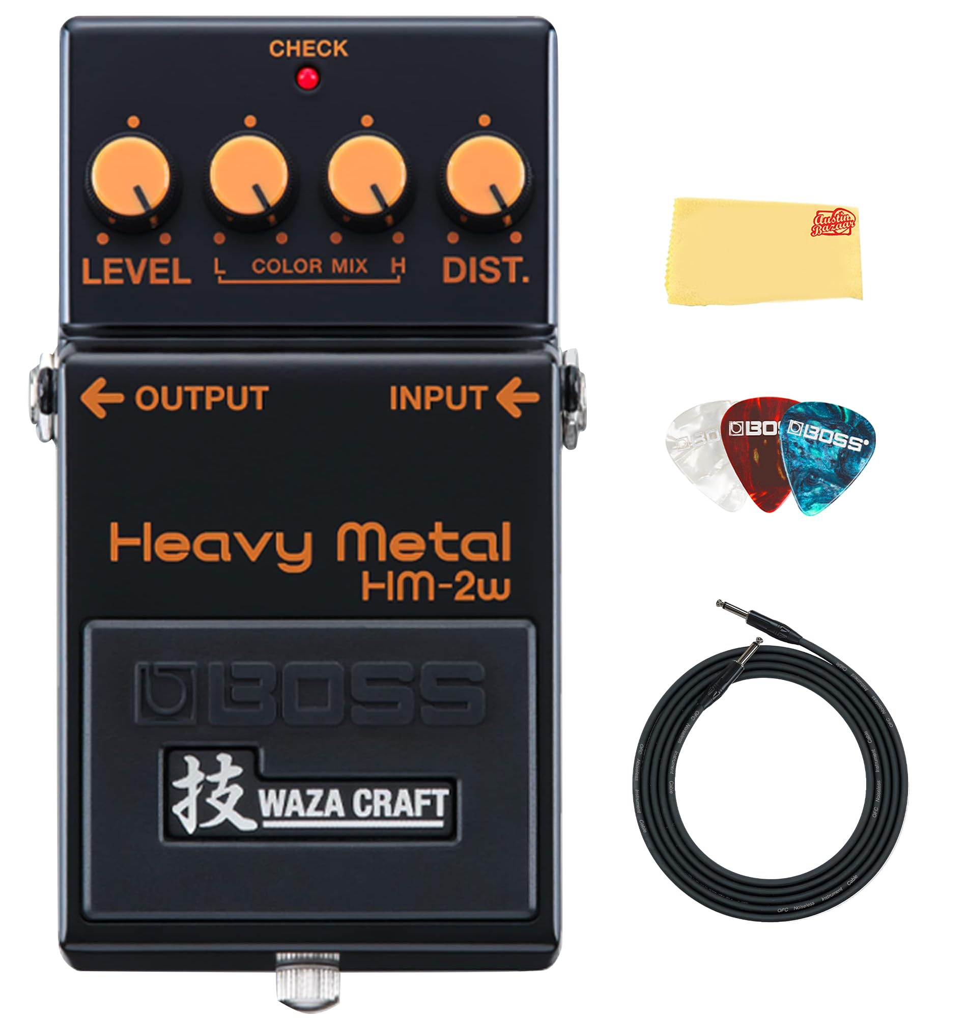 Boss HM-2W Heavy Metal Distortion Pedal Bundle with Gearlux Instrument Cable, Picks, and Austin Bazaar Polishing Cloth : Musical Instruments